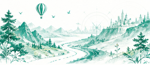 Jade-green mountain landscape with a winding river, distant city, and hot-air balloon