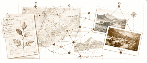 Sepia-toned maps, botanical notes, and photographs connected by lines of evidence