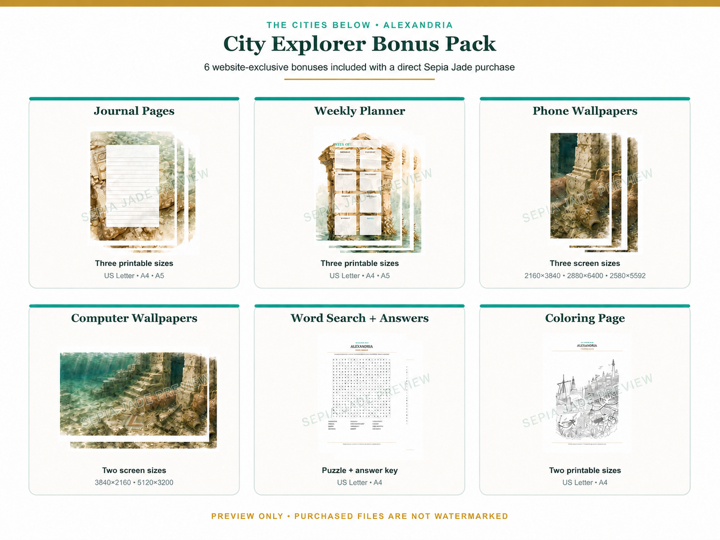 Watermarked preview of the six bonuses in the Alexandria City Explorer Pack