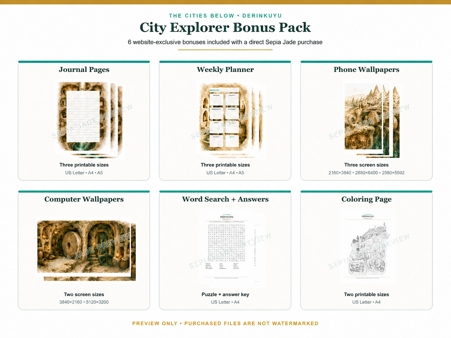 Watermarked preview of the six bonuses in the Derinkuyu City Explorer Pack