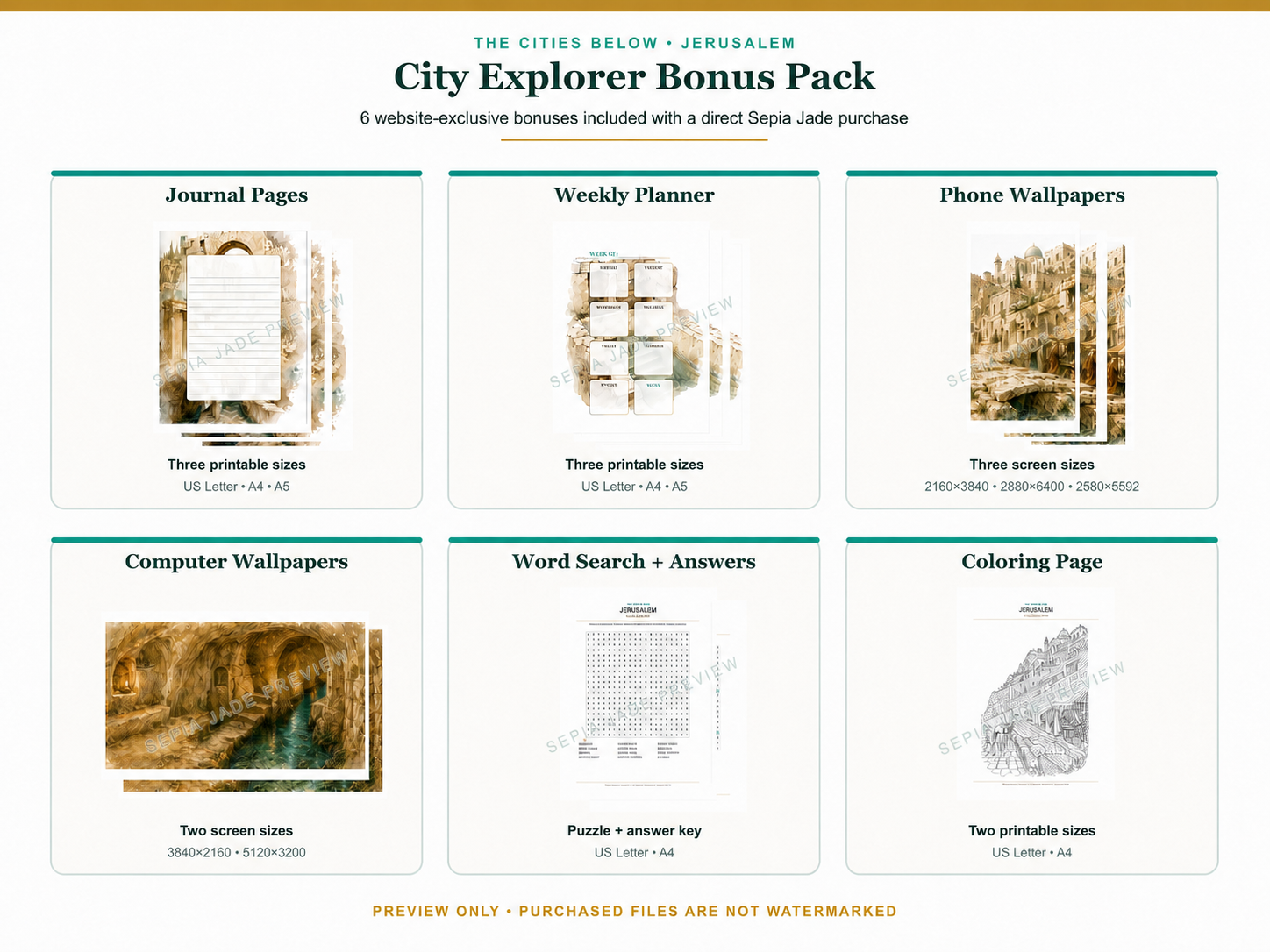 Watermarked preview of the six bonuses in the Jerusalem City Explorer Pack