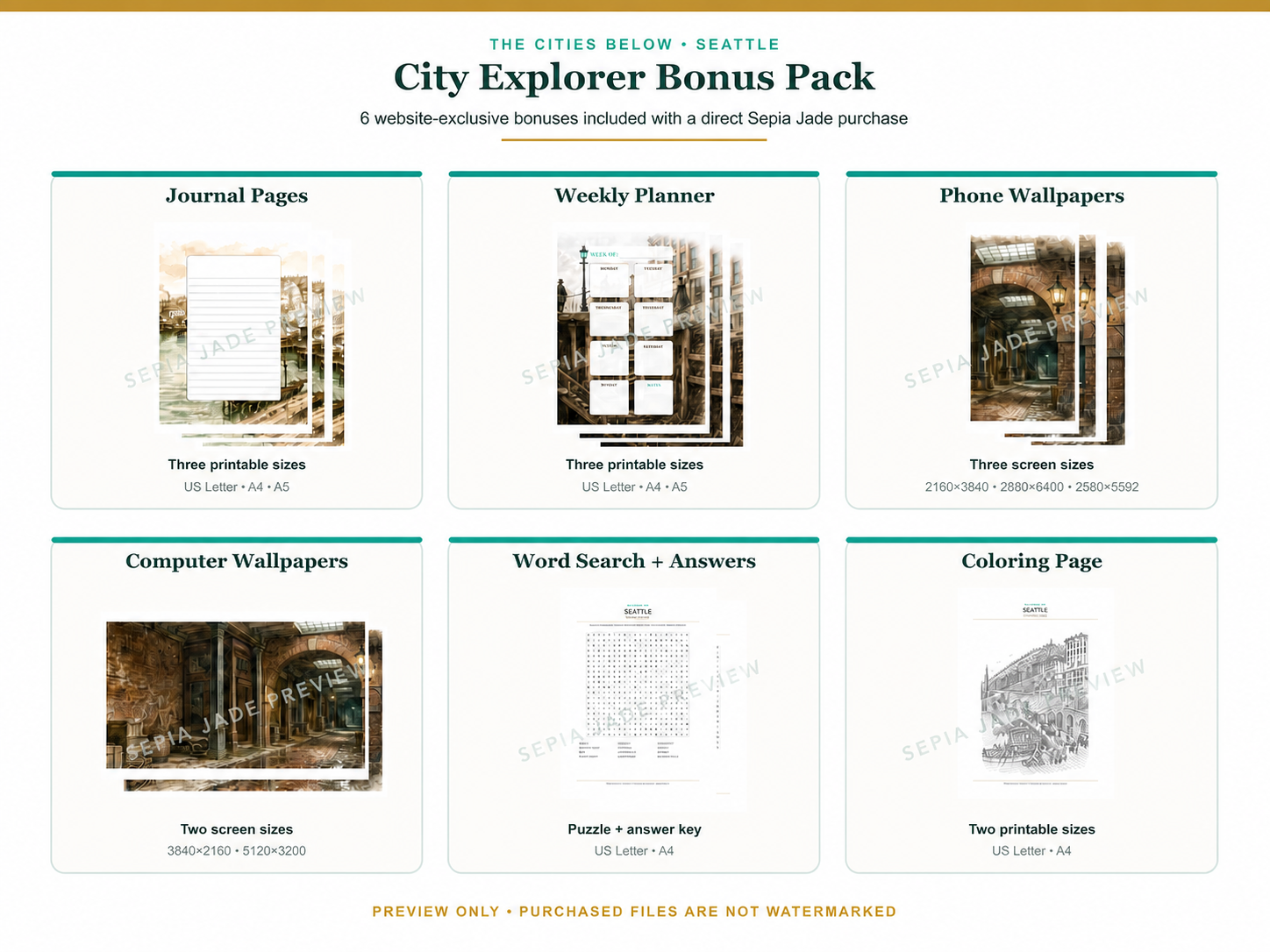 Watermarked preview of the six bonuses in the Seattle City Explorer Pack