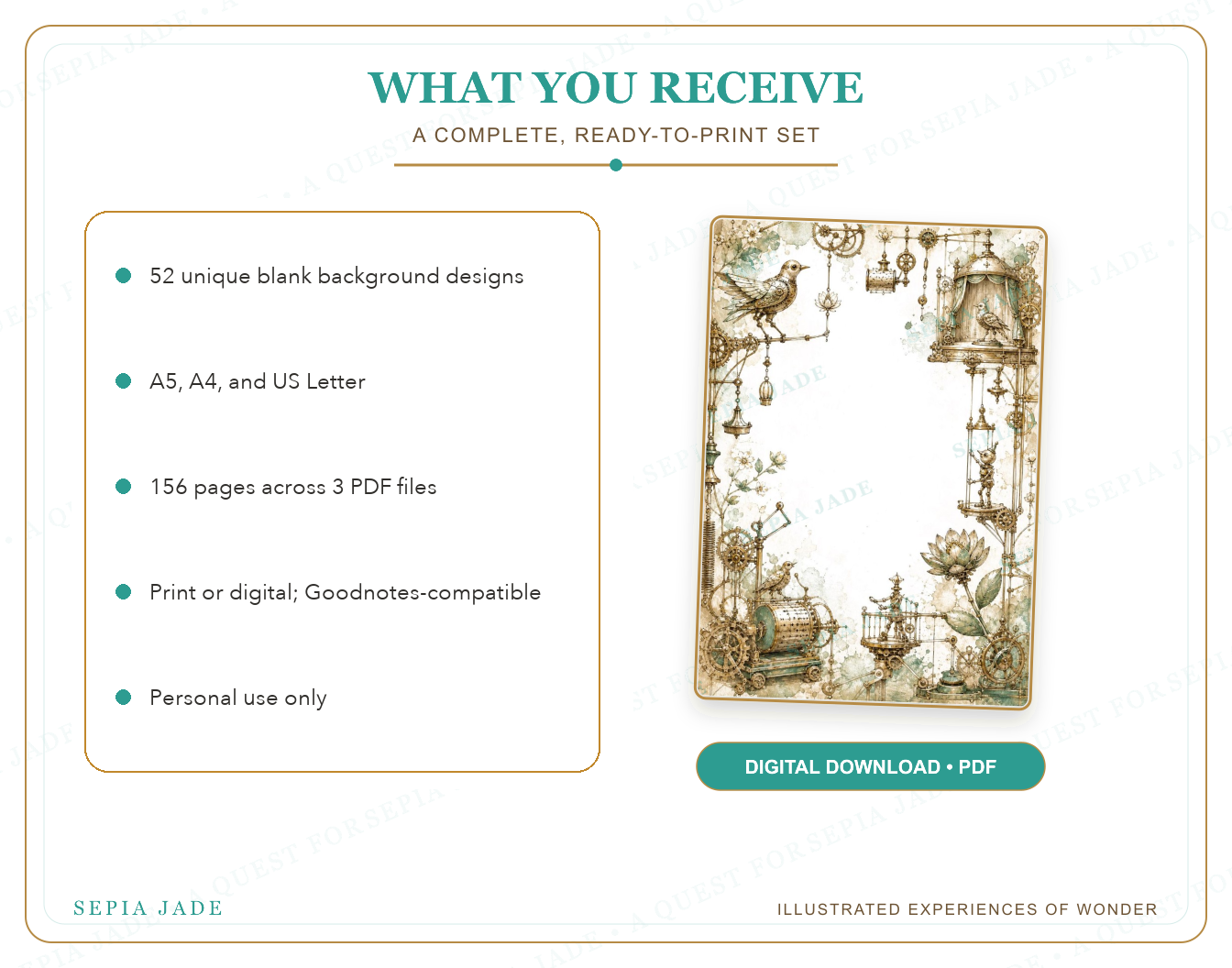 What is included in Echoes & Expeditions Gallery — Digital Blank Background Bundle — 52 Designs
