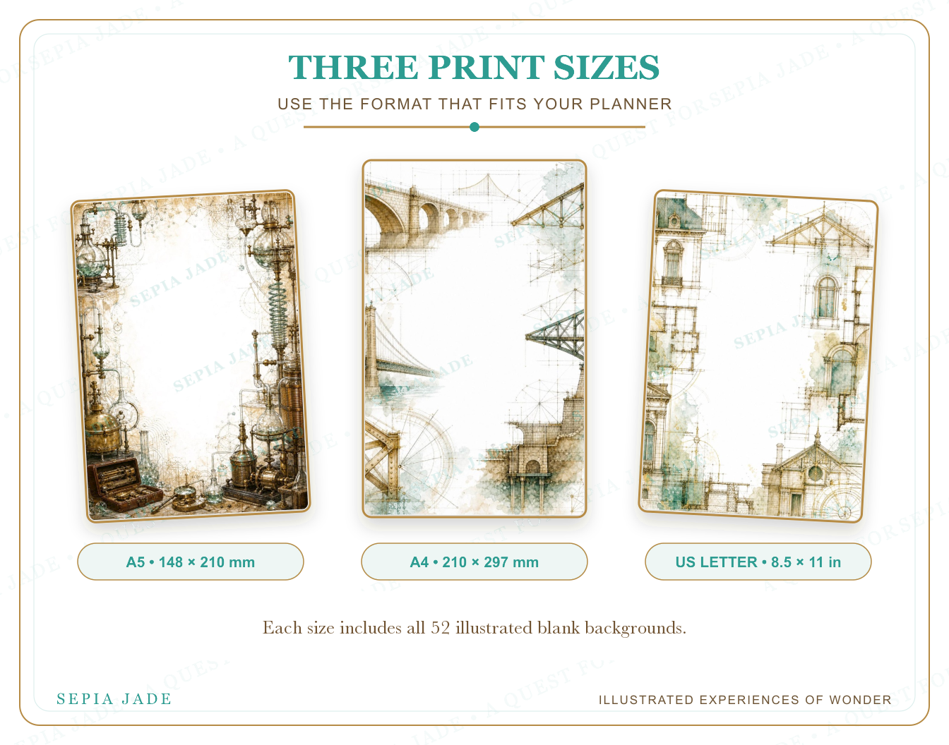 US Letter, A4, and A5 sizes supplied with Echoes & Expeditions Gallery — Digital Blank Background Bundle — 52 Designs
