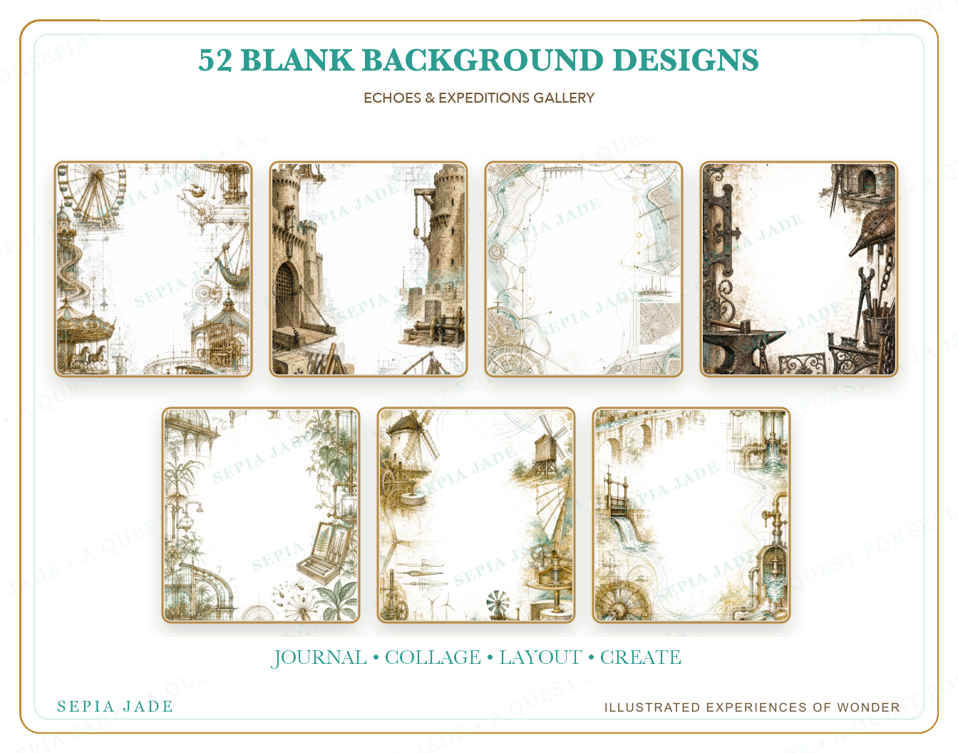 Fifty-two illustrated designs included in Echoes & Expeditions Gallery — Digital Blank Background Bundle — 52 Designs