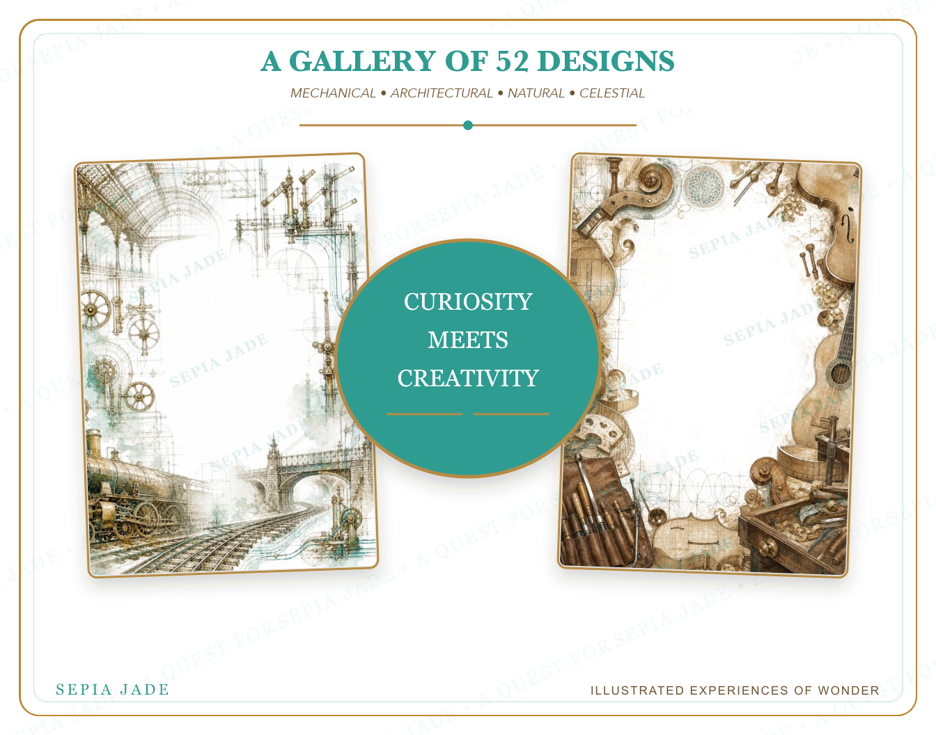 The artwork story for Echoes & Expeditions Gallery — Digital Blank Background Bundle — 52 Designs