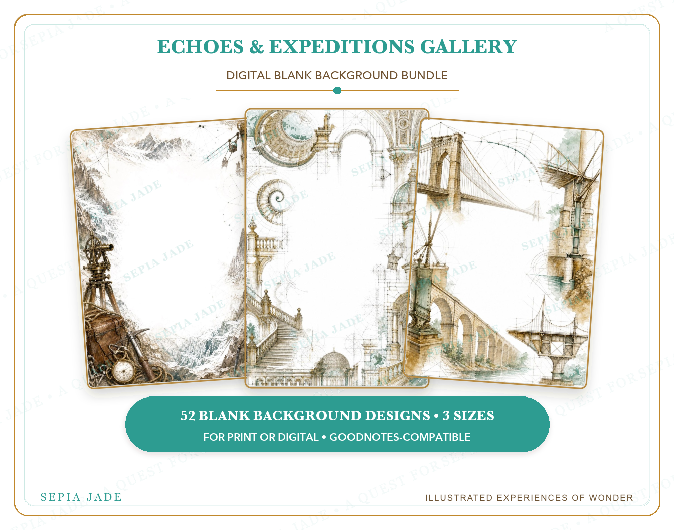Instant digital download information for Echoes & Expeditions Gallery — Digital Blank Background Bundle — 52 Designs