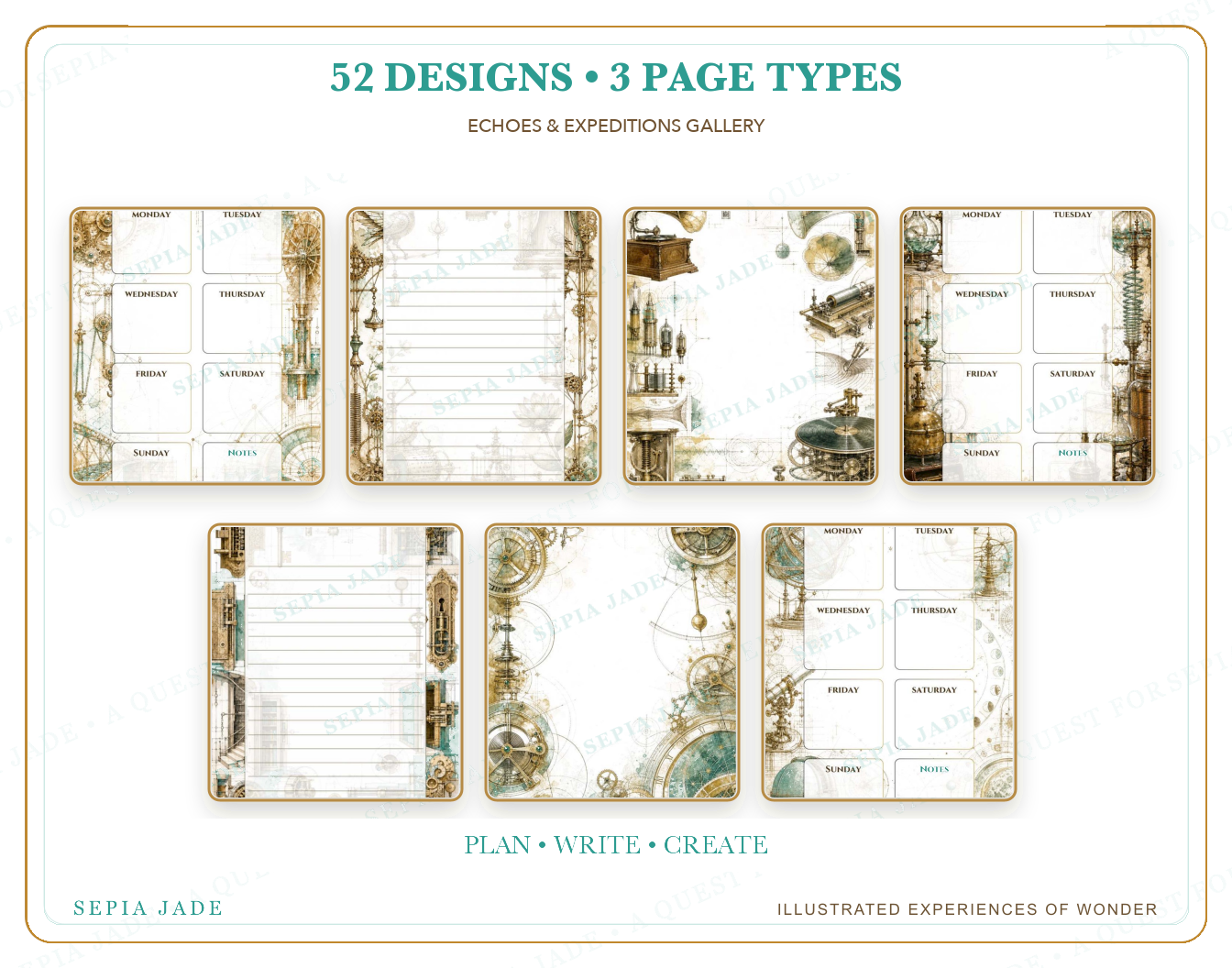 Fifty-two illustrated designs included in Echoes & Expeditions Gallery — Digital Complete Suite — 52 Designs