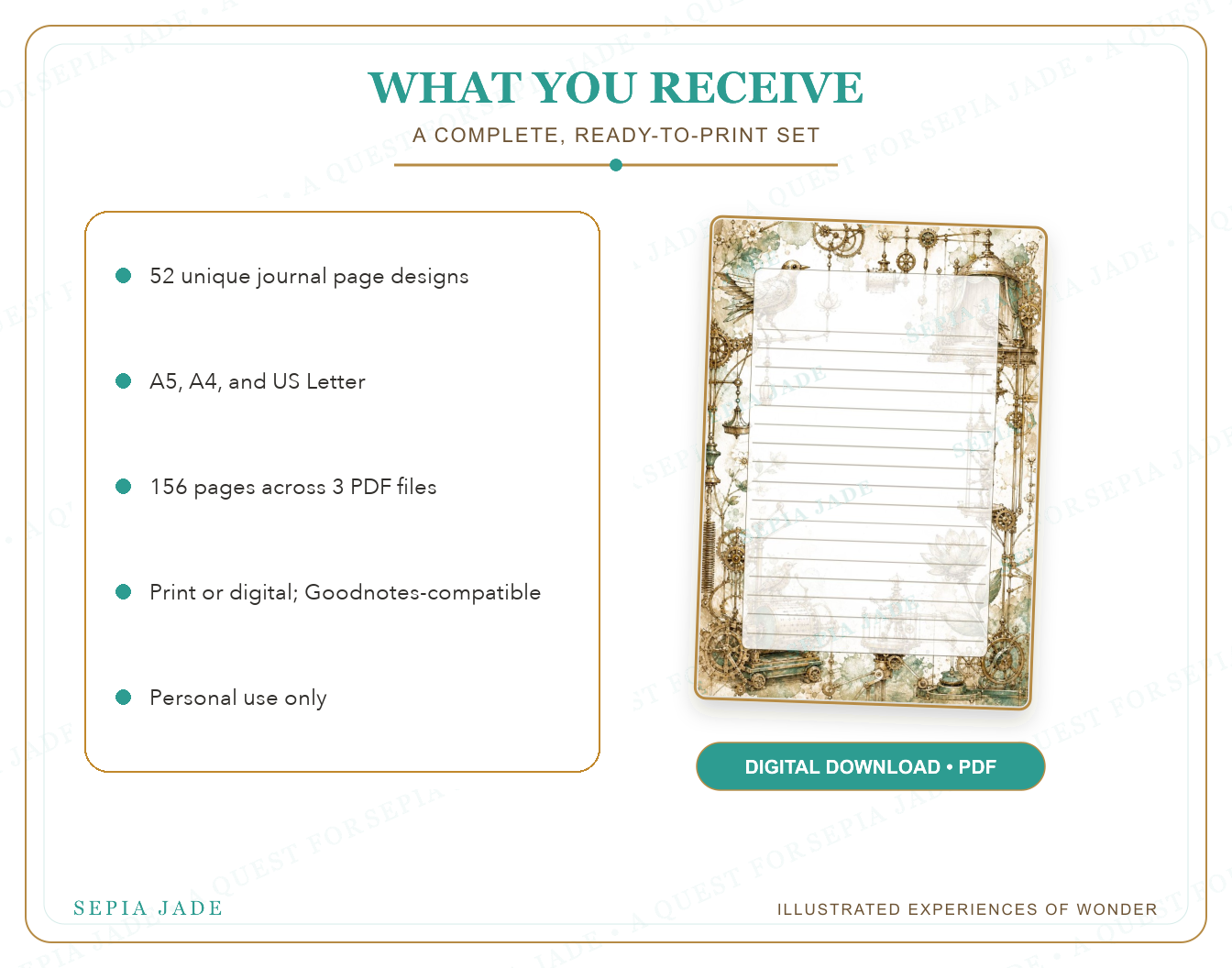 What is included in Echoes & Expeditions Gallery — Digital Journal Page Bundle — 52 Designs