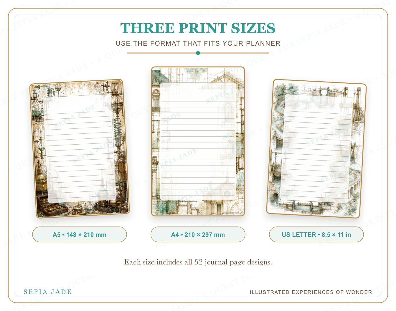 US Letter, A4, and A5 sizes supplied with Echoes & Expeditions Gallery — Digital Journal Page Bundle — 52 Designs