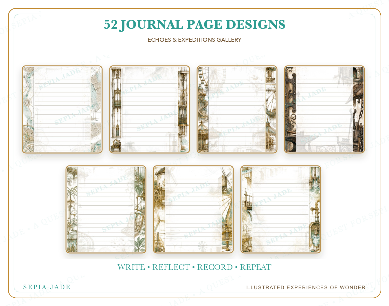 Fifty-two illustrated designs included in Echoes & Expeditions Gallery — Digital Journal Page Bundle — 52 Designs