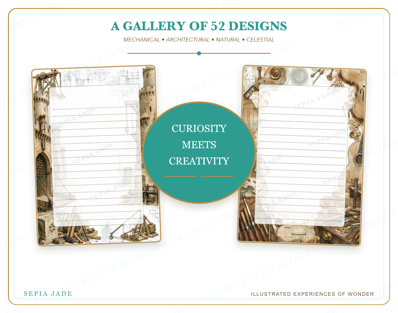 The artwork story for Echoes & Expeditions Gallery — Digital Journal Page Bundle — 52 Designs