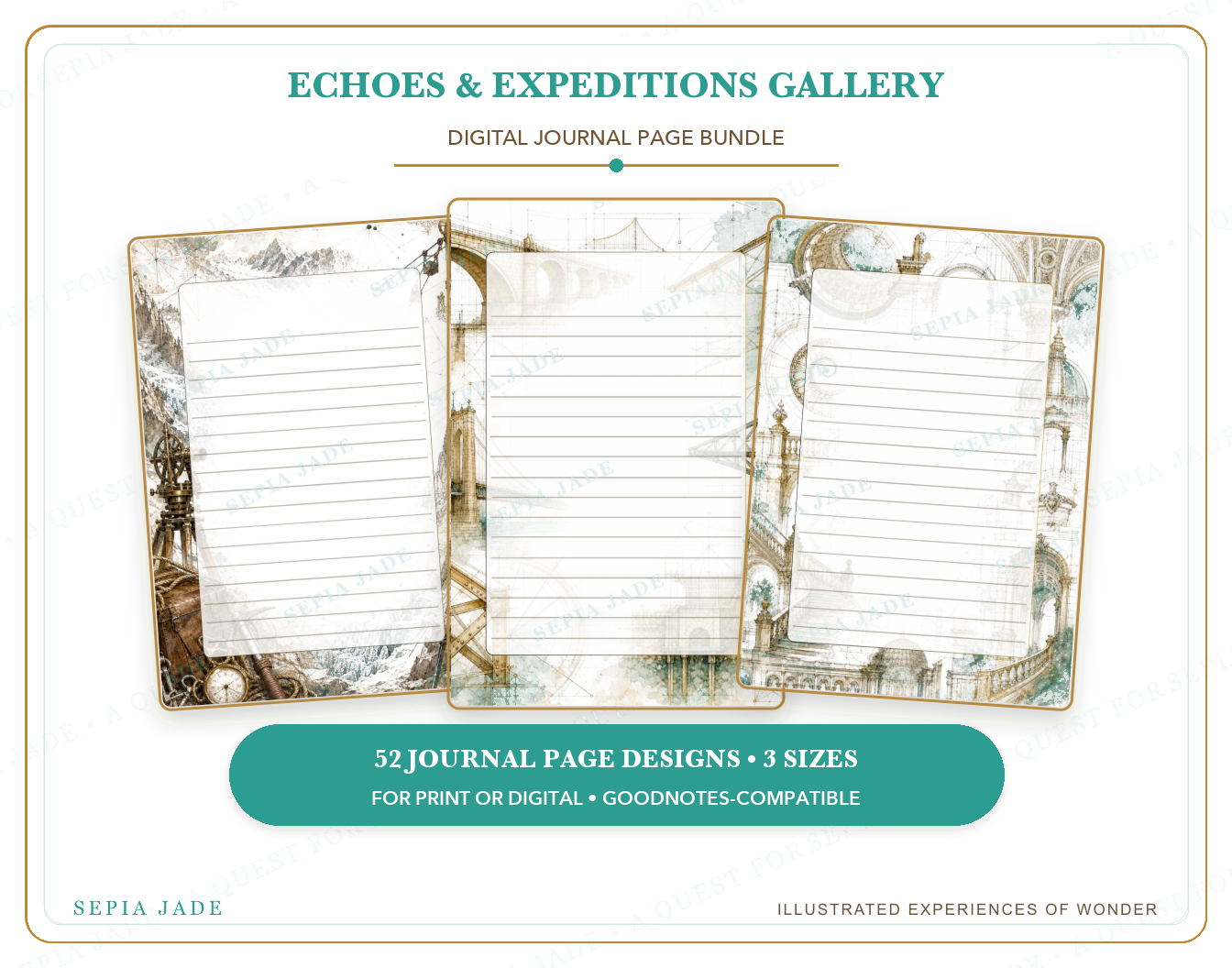 Instant digital download information for Echoes & Expeditions Gallery — Digital Journal Page Bundle — 52 Designs