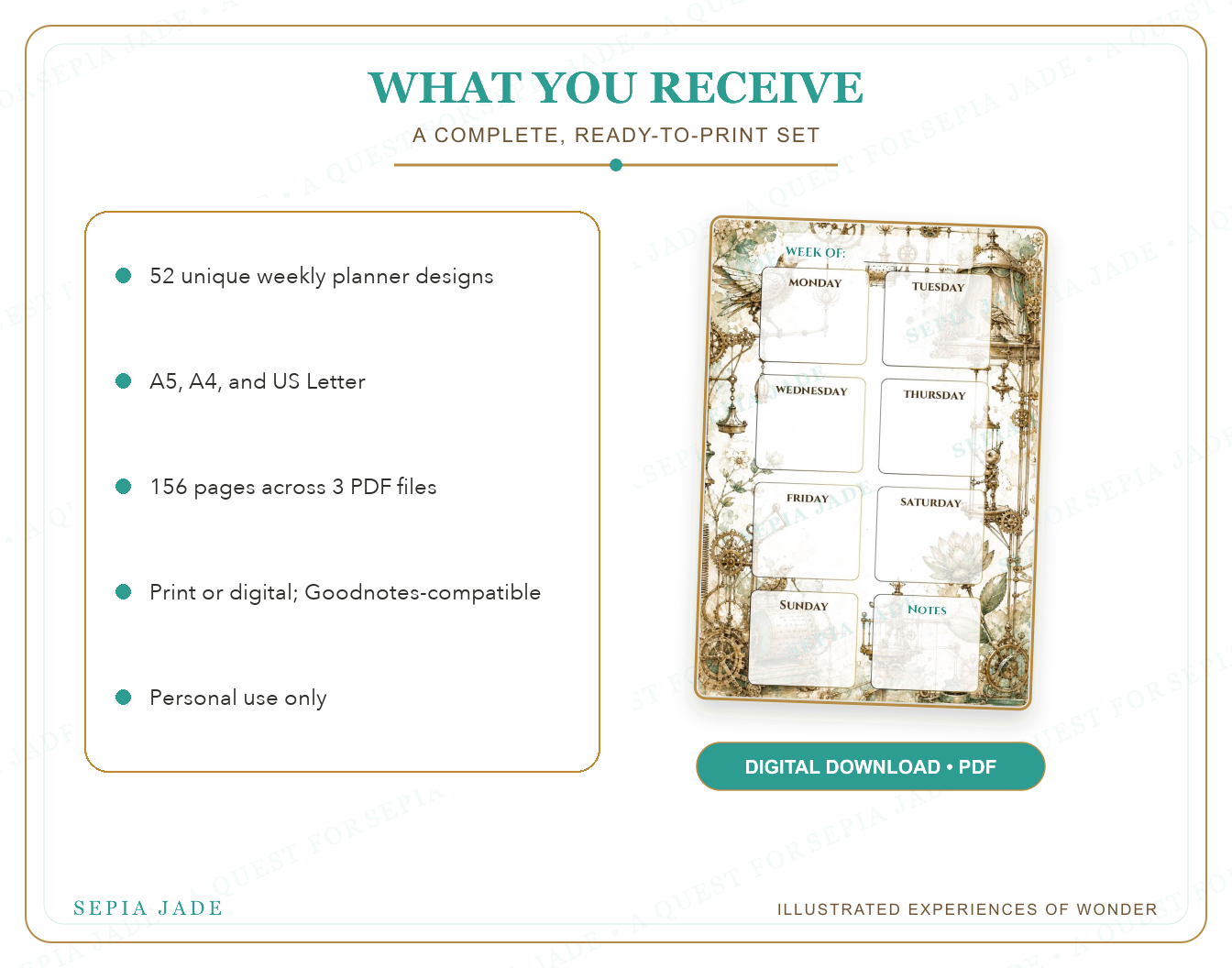 What is included in Echoes & Expeditions Gallery — Digital Weekly Planner Bundle — 52 Designs