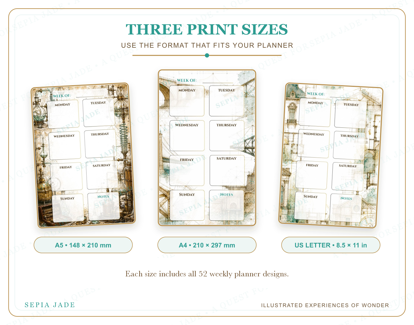 US Letter, A4, and A5 sizes supplied with Echoes & Expeditions Gallery — Digital Weekly Planner Bundle — 52 Designs