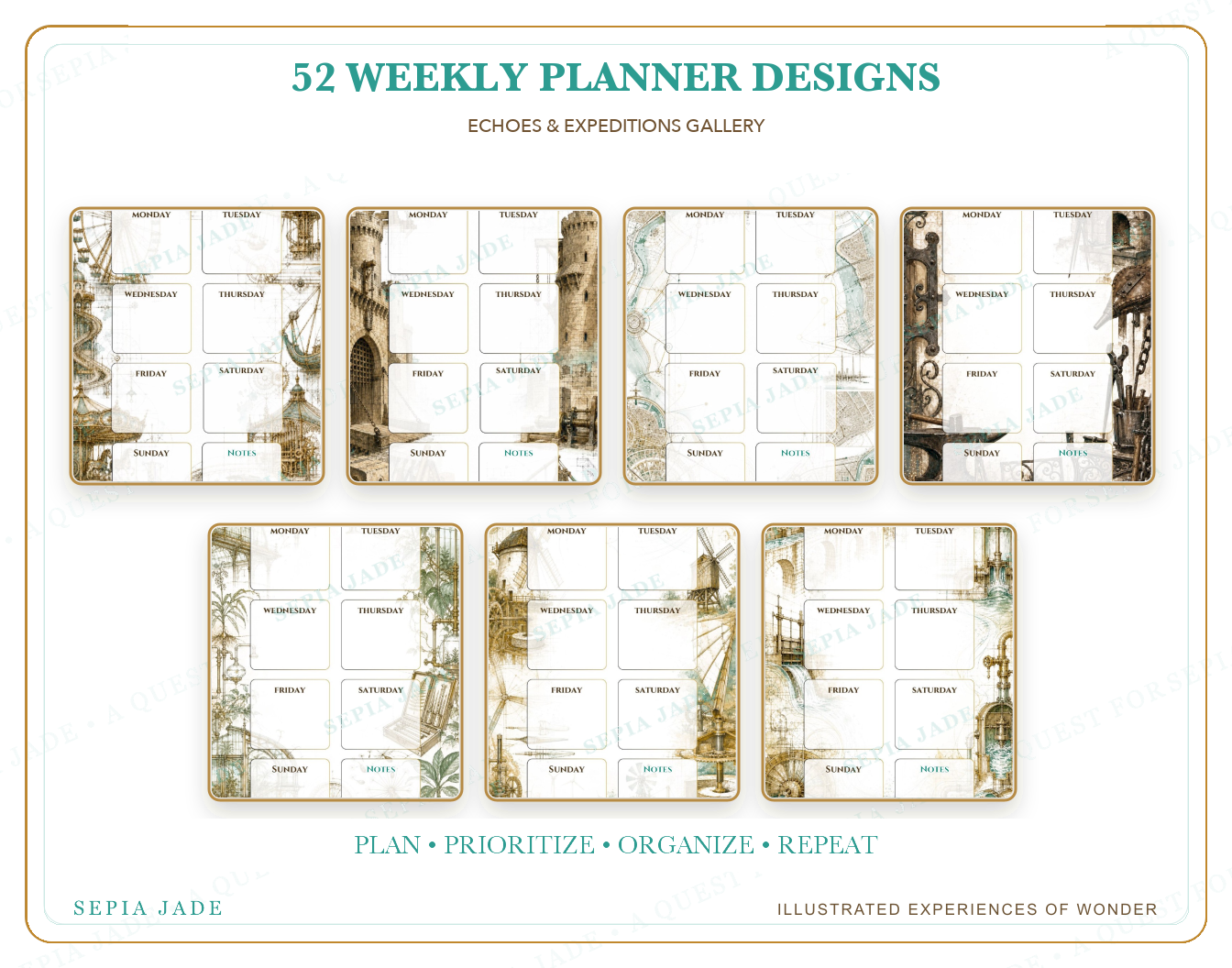 Fifty-two illustrated designs included in Echoes & Expeditions Gallery — Digital Weekly Planner Bundle — 52 Designs