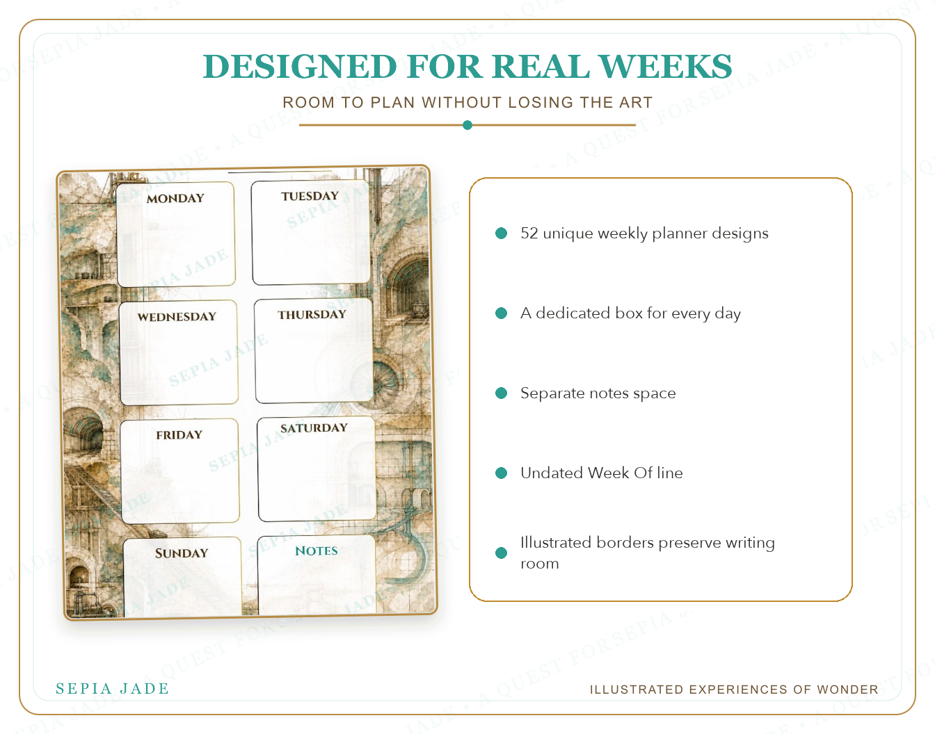 Product details for Echoes & Expeditions Gallery — Digital Weekly Planner Bundle — 52 Designs