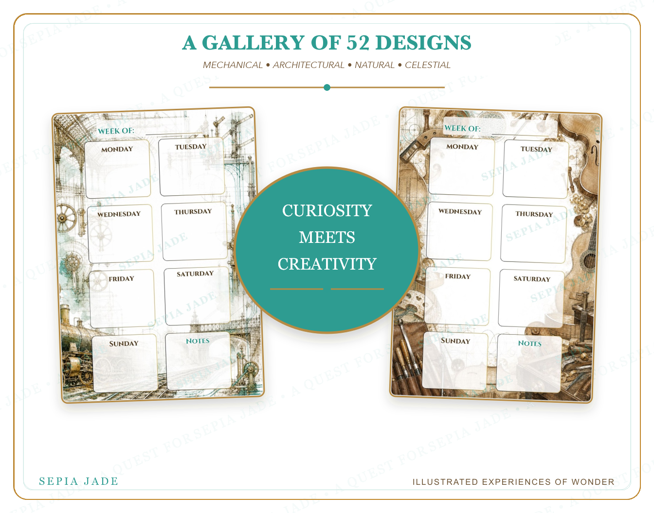 The artwork story for Echoes & Expeditions Gallery — Digital Weekly Planner Bundle — 52 Designs