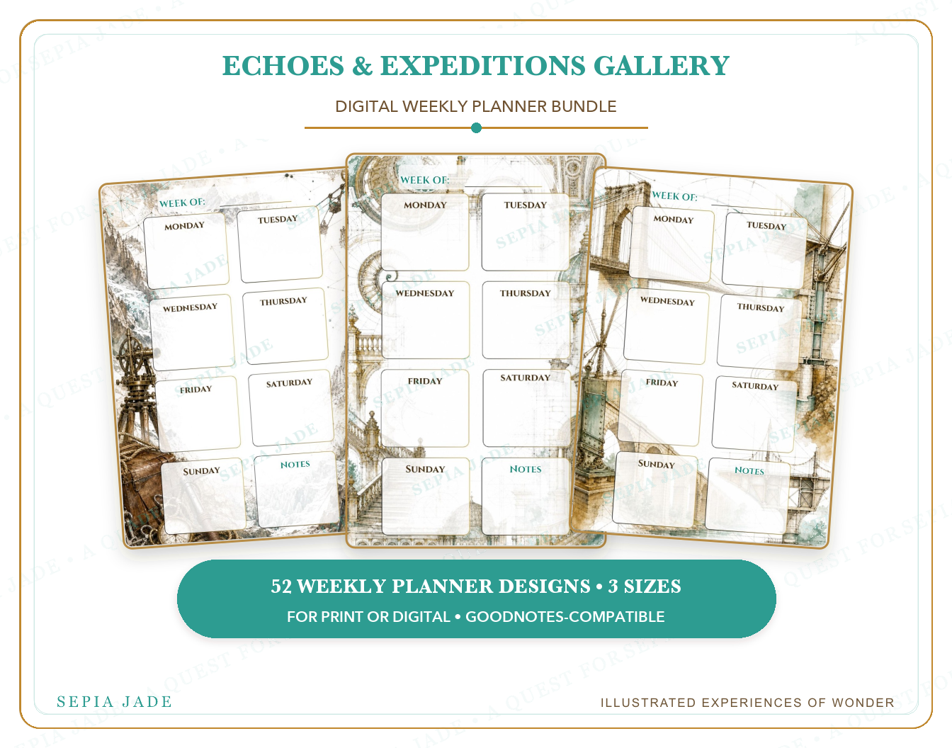 Instant digital download information for Echoes & Expeditions Gallery — Digital Weekly Planner Bundle — 52 Designs