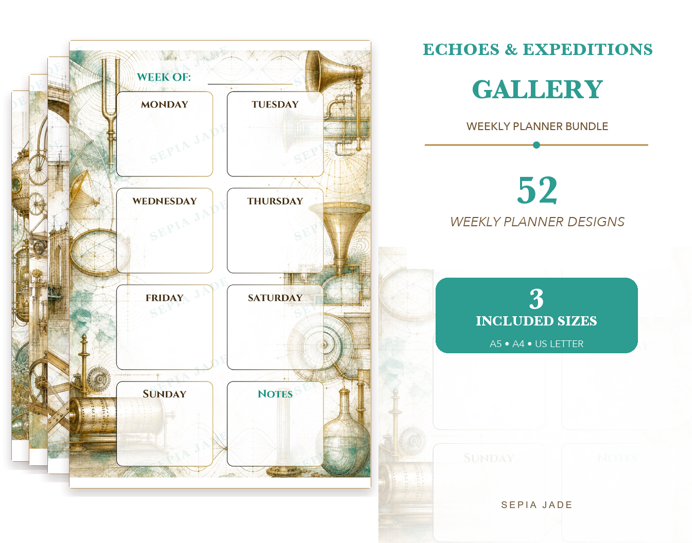 Echoes & Expeditions Gallery — Digital Weekly Planner Bundle — 52 Designs
