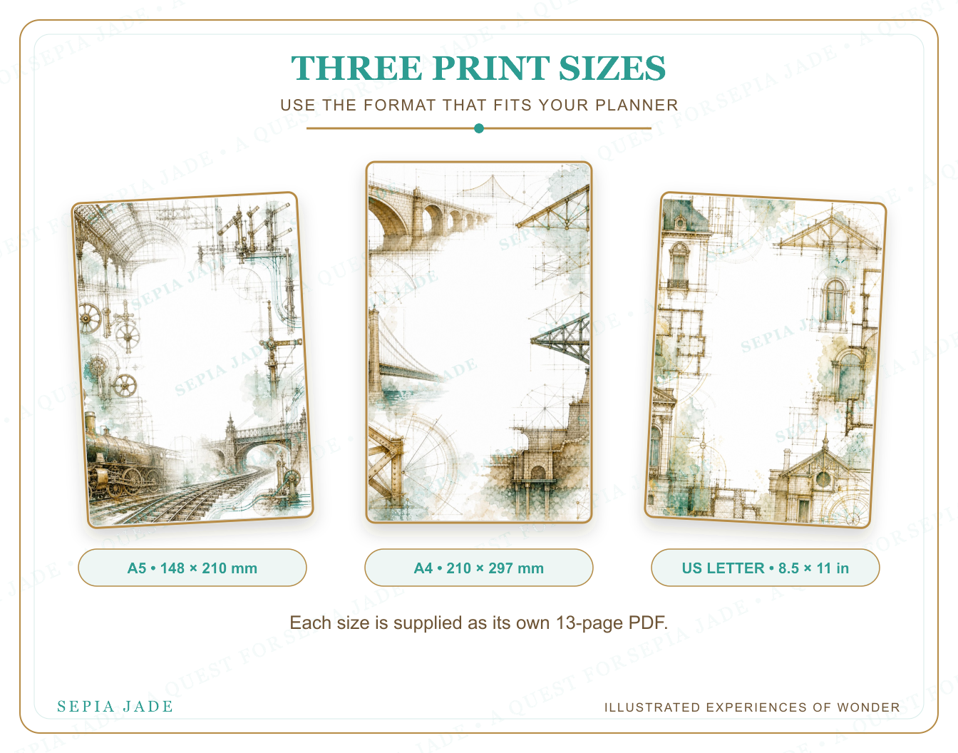 US Letter, A4, and A5 sizes supplied with City of Iron and Stone Digital Blank Backgrounds — 13 Designs