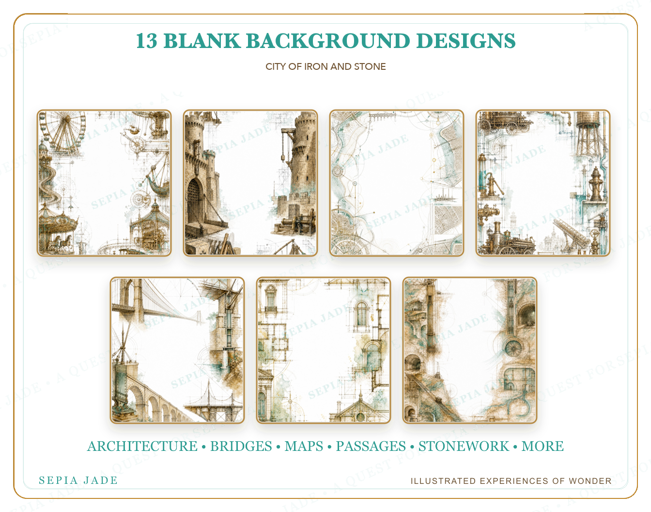 Thirteen coordinated designs included in City of Iron and Stone Digital Blank Backgrounds — 13 Designs