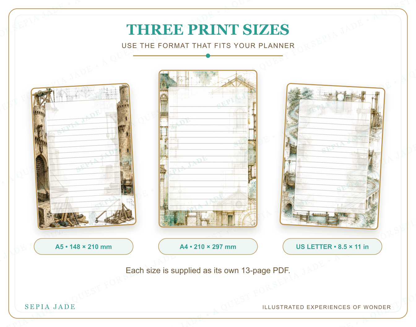US Letter, A4, and A5 sizes supplied with City of Iron and Stone Digital Journal Pages — 13 Designs