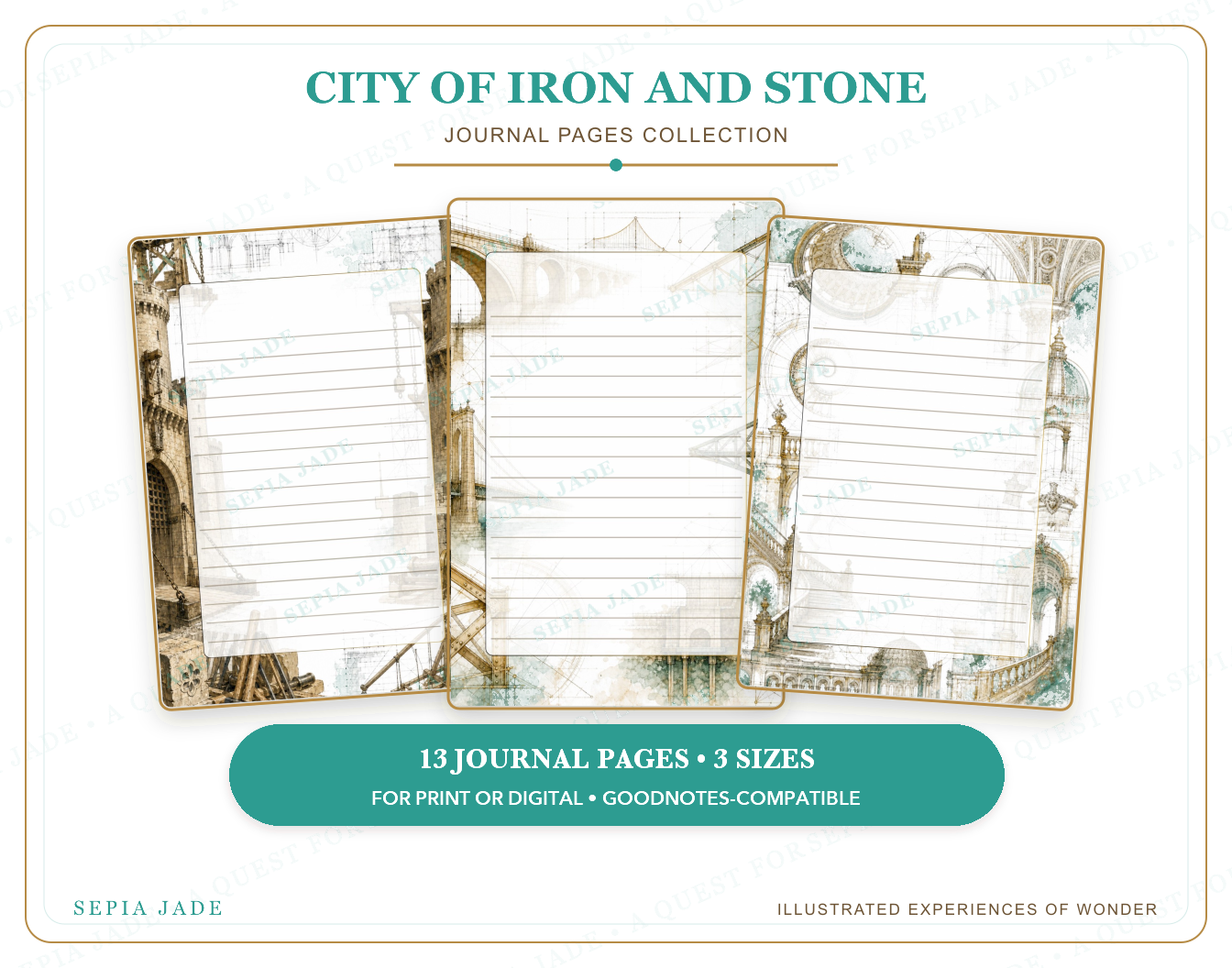 Instant digital download information for City of Iron and Stone Digital Journal Pages — 13 Designs