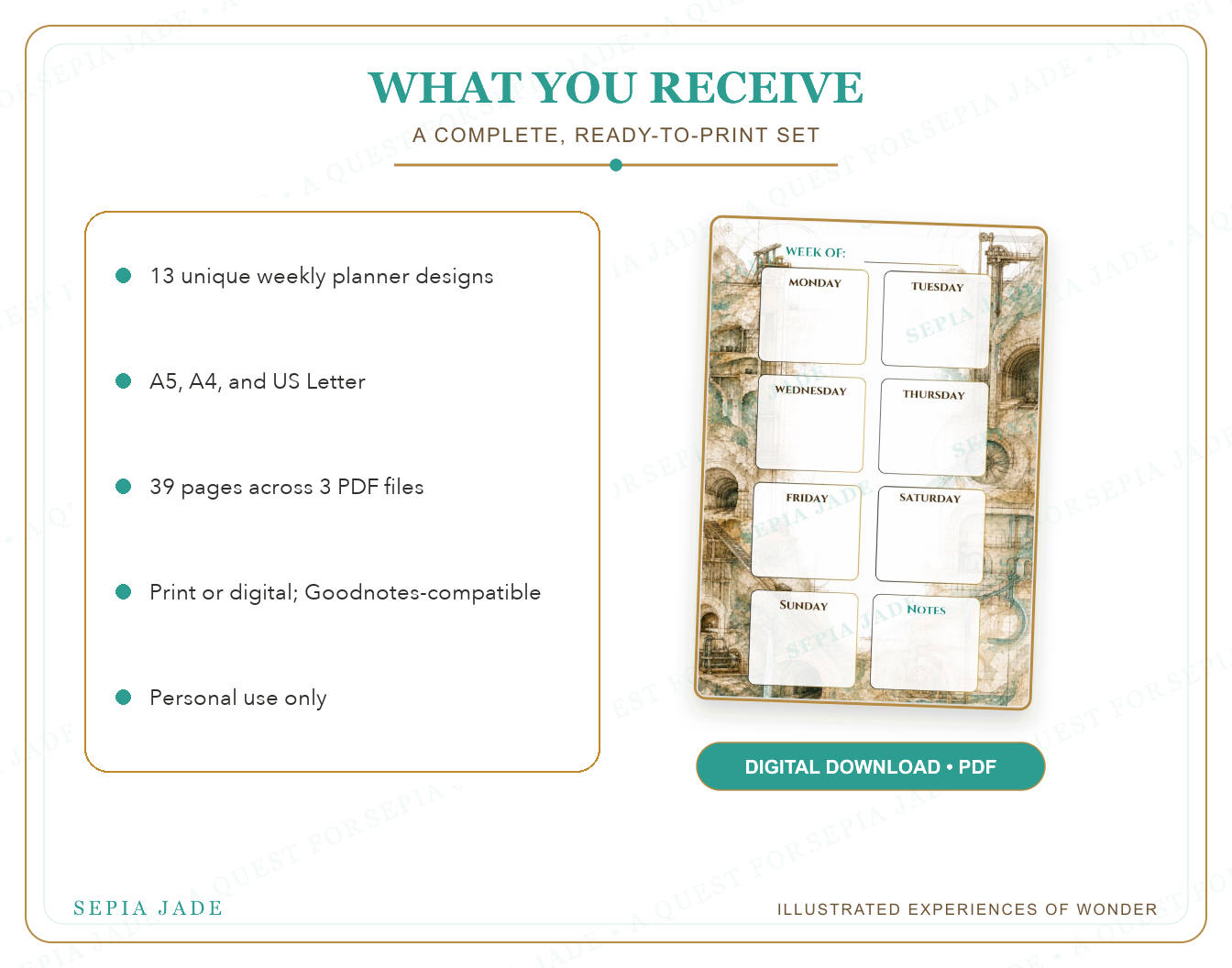 What is included in City of Iron and Stone Digital Weekly Planner — 13 Designs