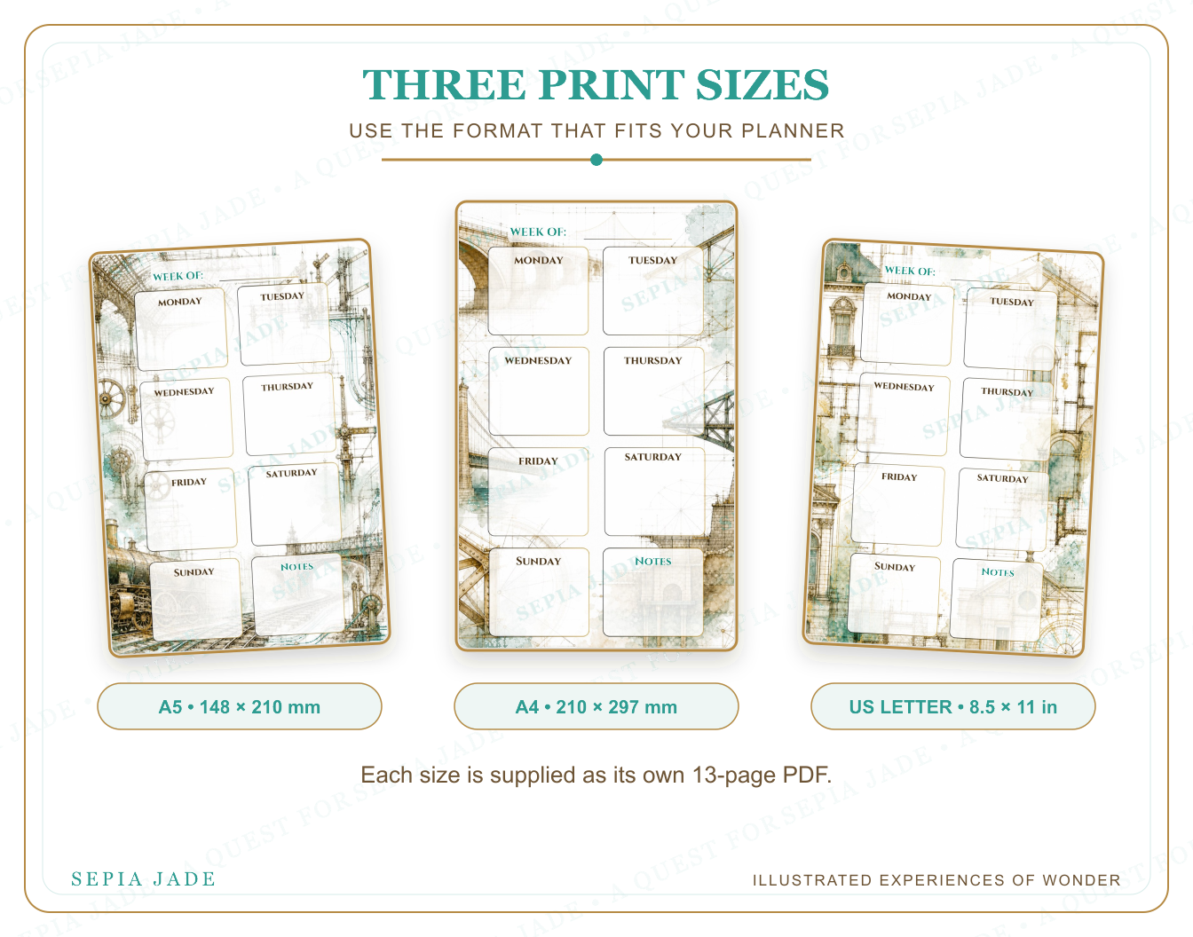 US Letter, A4, and A5 sizes supplied with City of Iron and Stone Digital Weekly Planner — 13 Designs