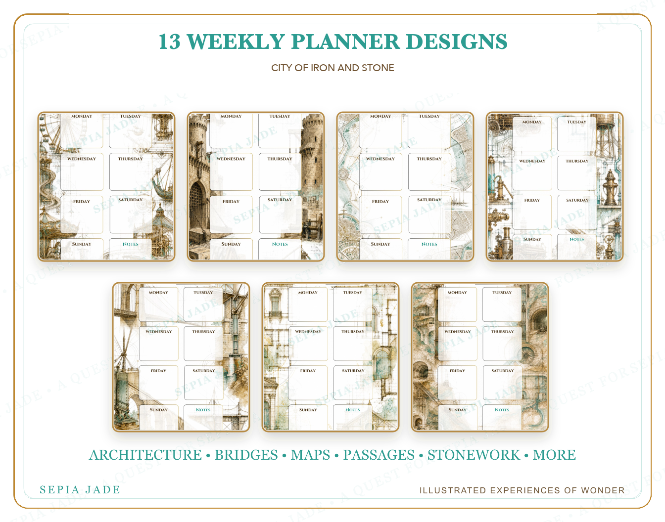 Thirteen coordinated designs included in City of Iron and Stone Digital Weekly Planner — 13 Designs