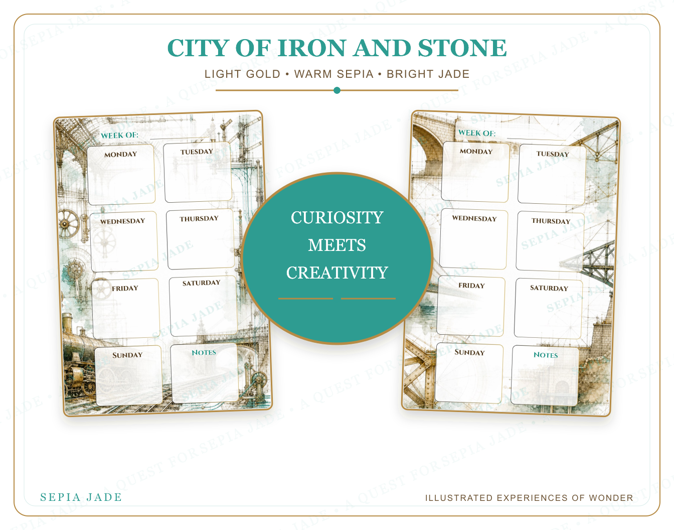 The artwork story for City of Iron and Stone Digital Weekly Planner — 13 Designs