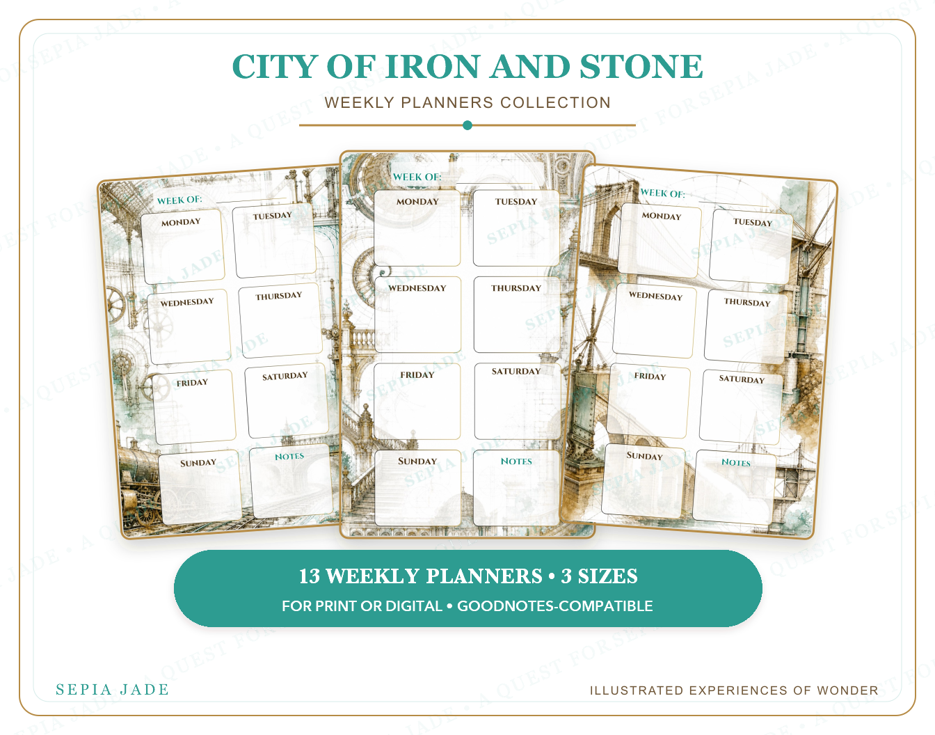Instant digital download information for City of Iron and Stone Digital Weekly Planner — 13 Designs