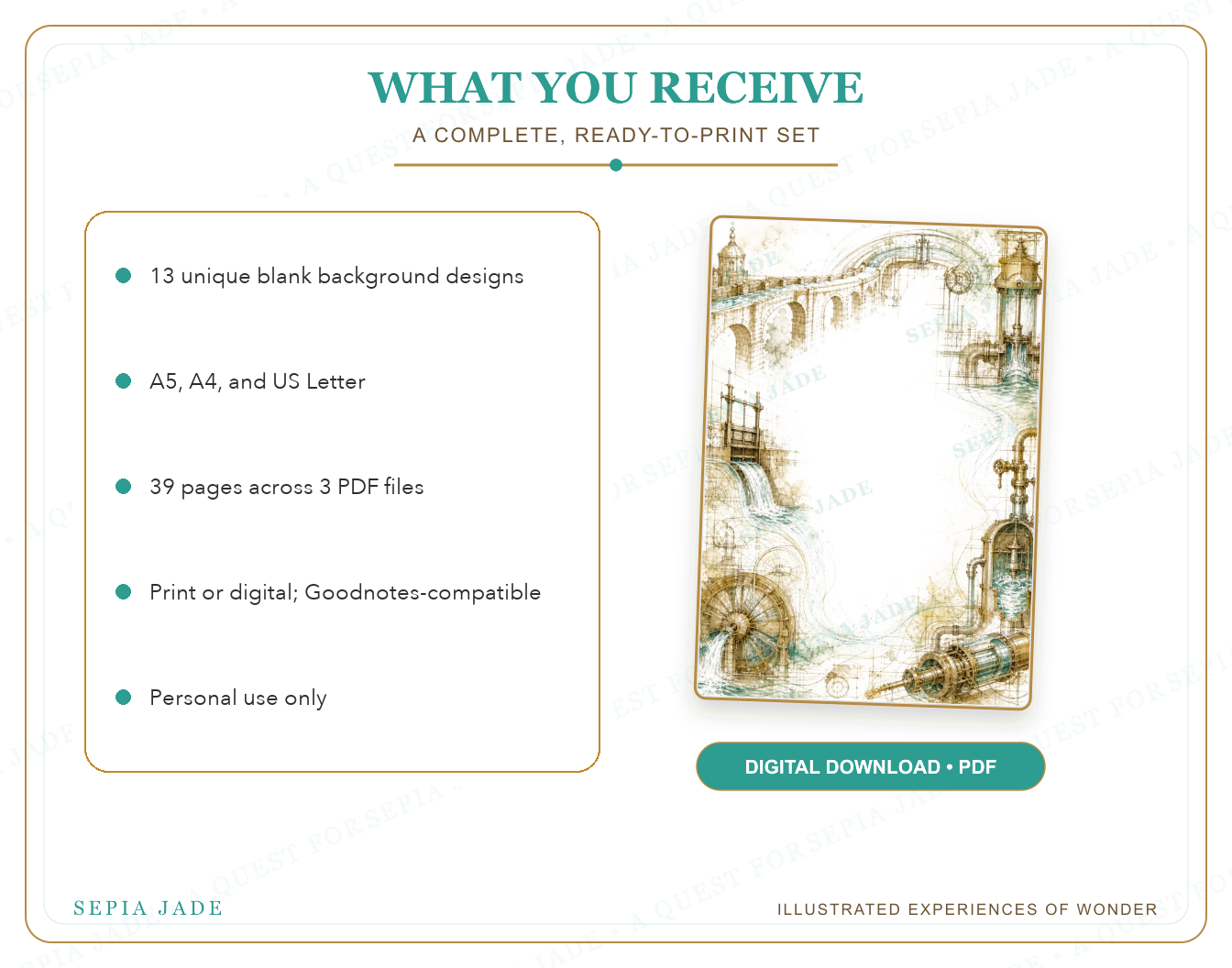 What is included in The Curious Journal Digital Blank Backgrounds — 13 Designs