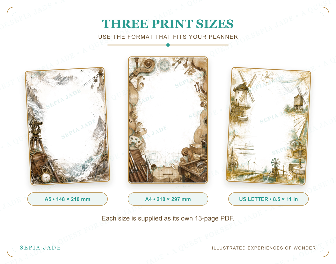 US Letter, A4, and A5 sizes supplied with The Curious Journal Digital Blank Backgrounds — 13 Designs
