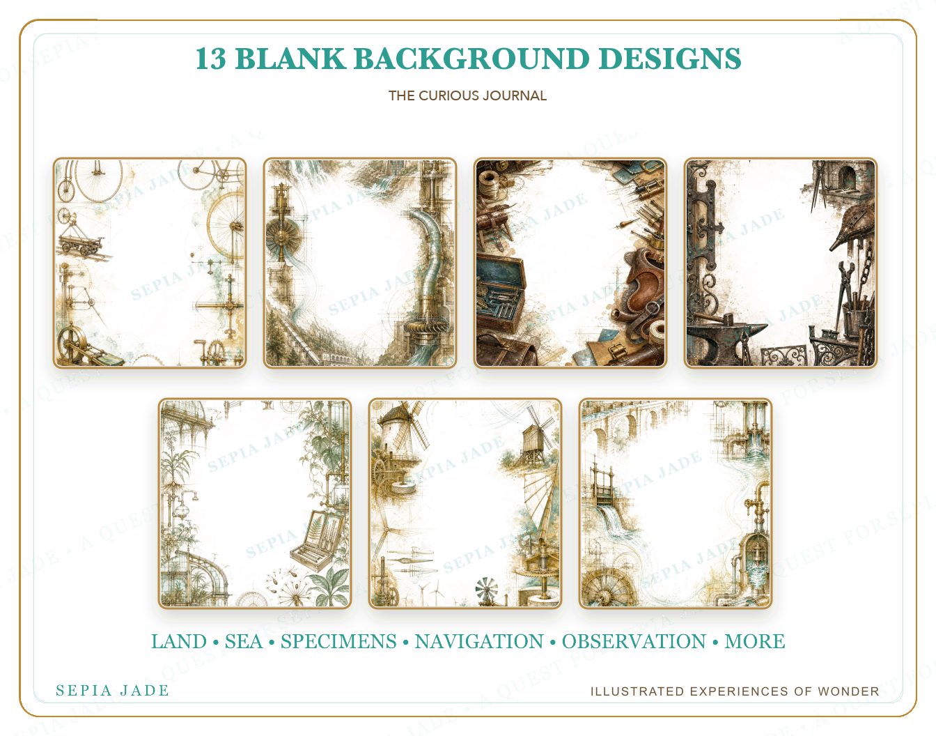 Thirteen coordinated designs included in The Curious Journal Digital Blank Backgrounds — 13 Designs