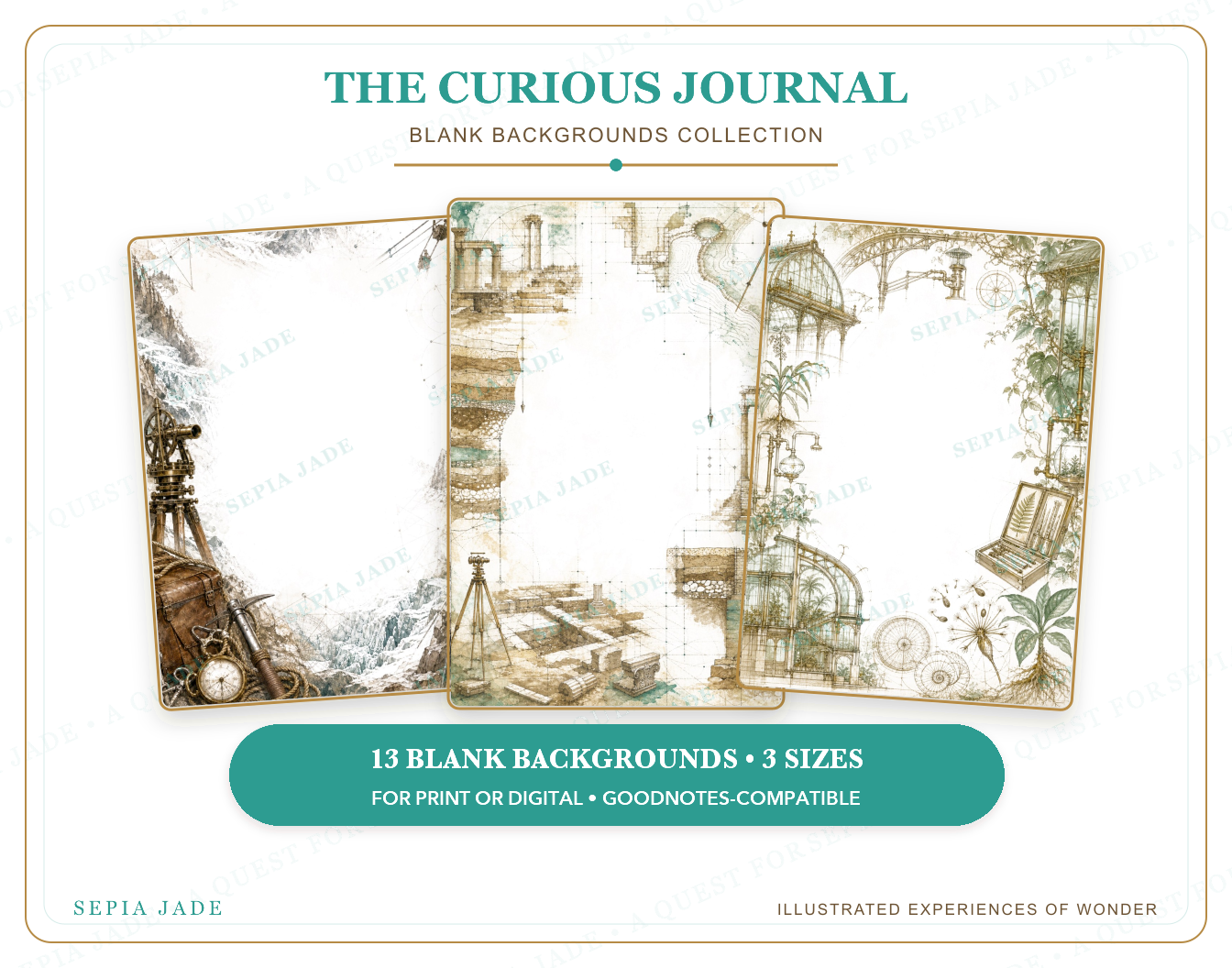 Instant digital download information for The Curious Journal Digital Blank Backgrounds — 13 Designs
