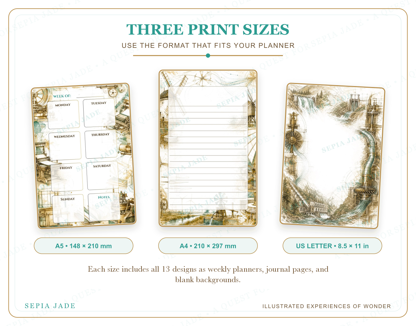 US Letter, A4, and A5 sizes supplied with The Curious Journal Digital Complete Suite — 13 Designs