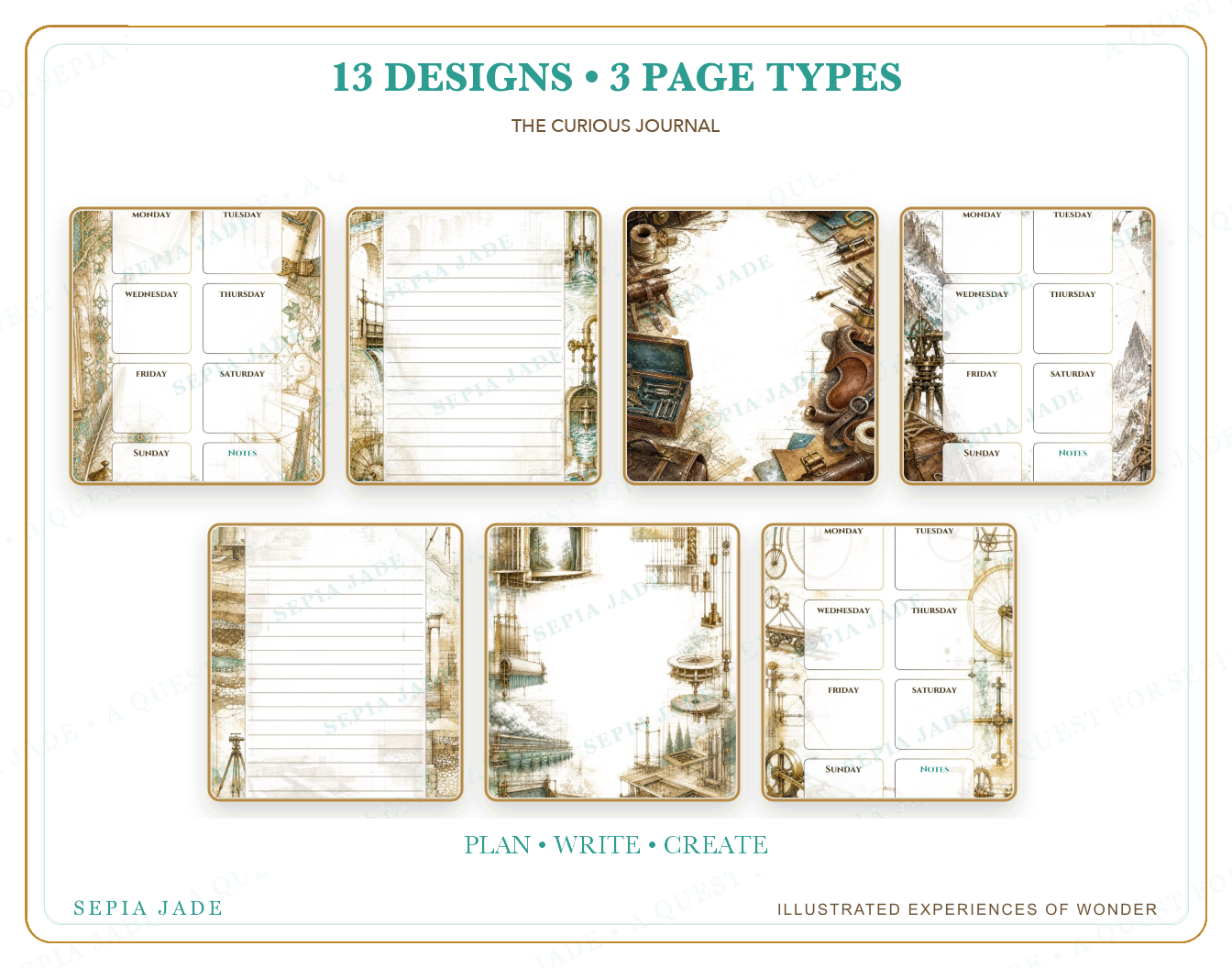 Thirteen coordinated designs included in The Curious Journal Digital Complete Suite — 13 Designs