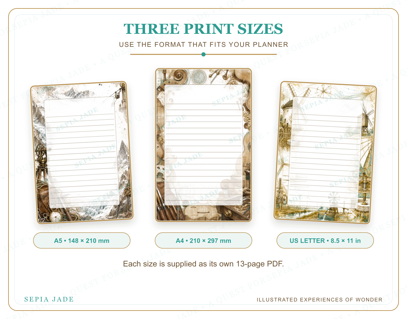 US Letter, A4, and A5 sizes supplied with The Curious Journal Digital Journal Pages — 13 Designs