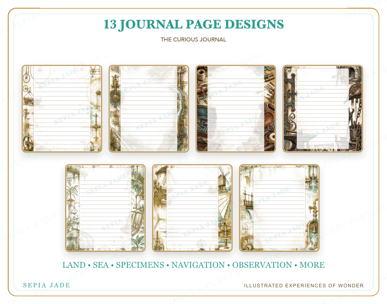 Thirteen coordinated designs included in The Curious Journal Digital Journal Pages — 13 Designs