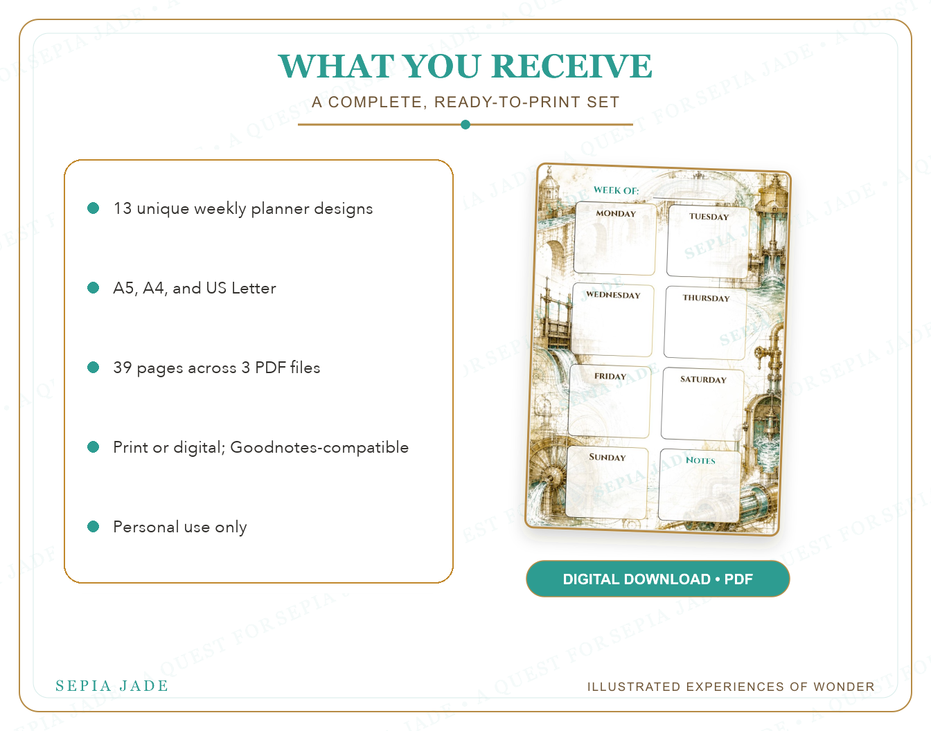 What is included in The Curious Journal Digital Weekly Planner — 13 Designs