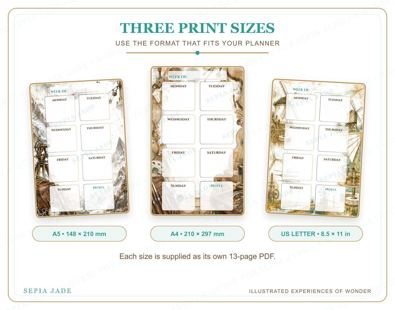 US Letter, A4, and A5 sizes supplied with The Curious Journal Digital Weekly Planner — 13 Designs