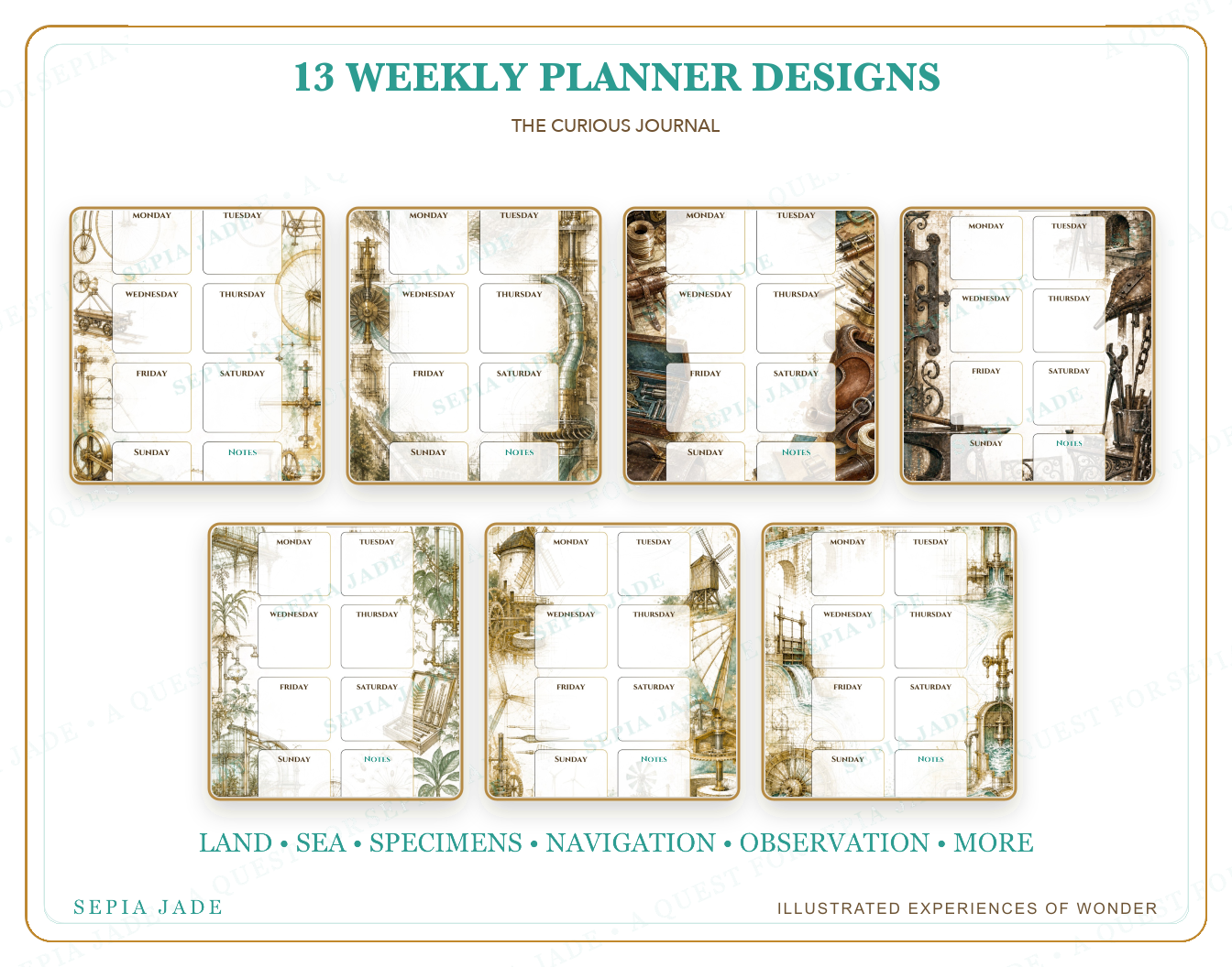 Thirteen coordinated designs included in The Curious Journal Digital Weekly Planner — 13 Designs