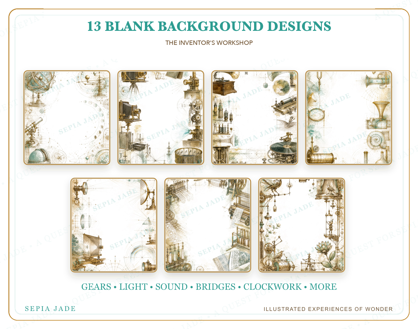 Thirteen coordinated designs included in The Inventor's Workshop Digital Blank Backgrounds — 13 Designs