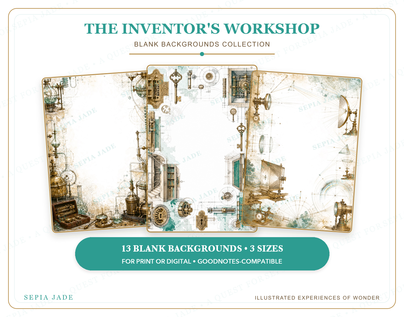 Instant digital download information for The Inventor's Workshop Digital Blank Backgrounds — 13 Designs