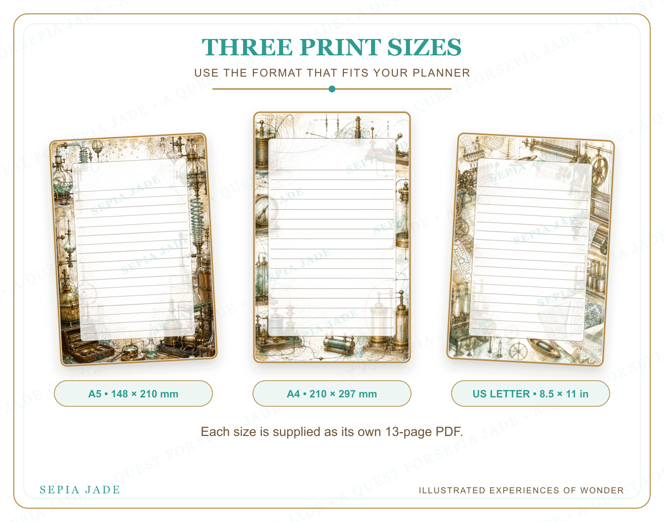 US Letter, A4, and A5 sizes supplied with The Inventor's Workshop Digital Journal Pages — 13 Designs