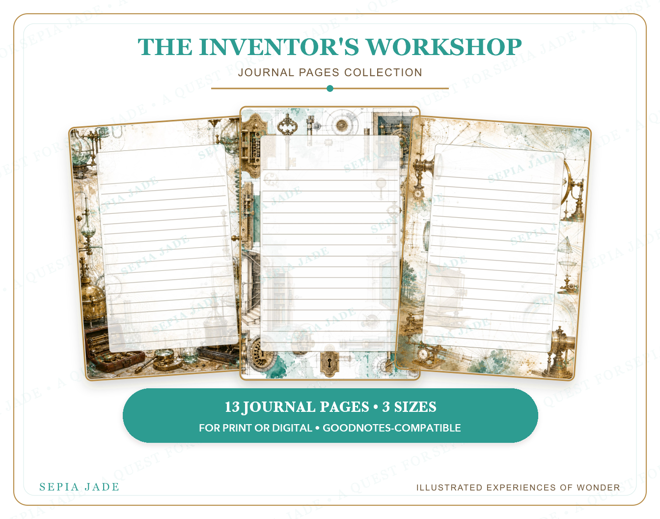 Instant digital download information for The Inventor's Workshop Digital Journal Pages — 13 Designs