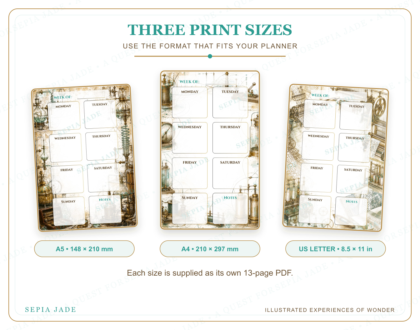 US Letter, A4, and A5 sizes supplied with The Inventor's Workshop Digital Weekly Planner — 13 Designs