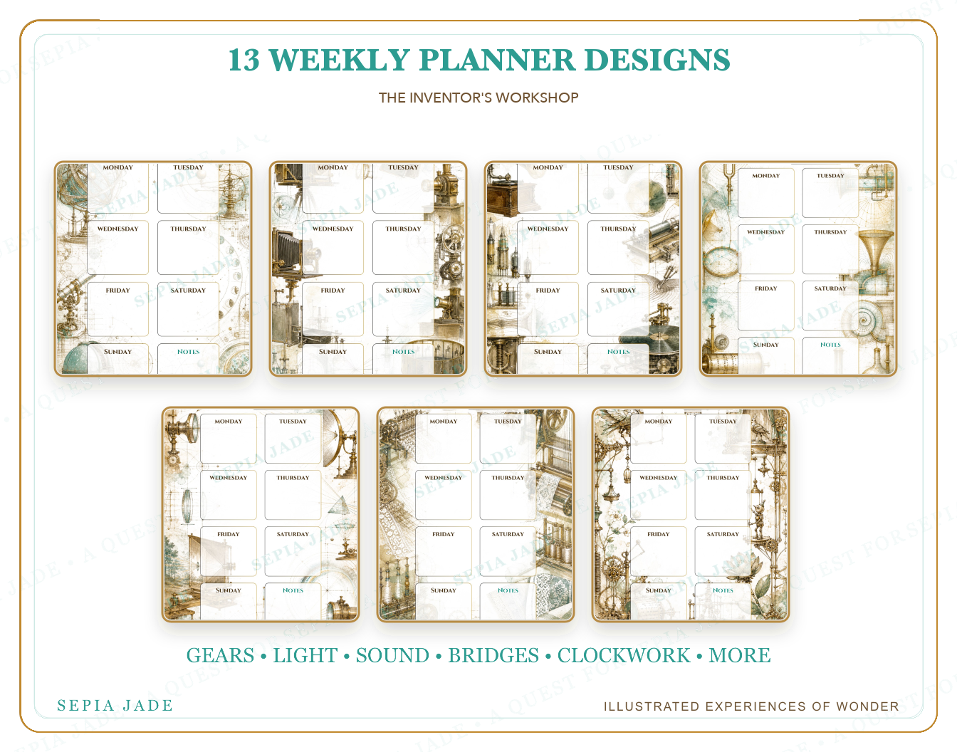 Thirteen coordinated designs included in The Inventor's Workshop Digital Weekly Planner — 13 Designs